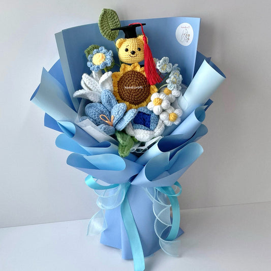 handicroft handmade crochet graduation flower bouquet sunny chapter bear blue