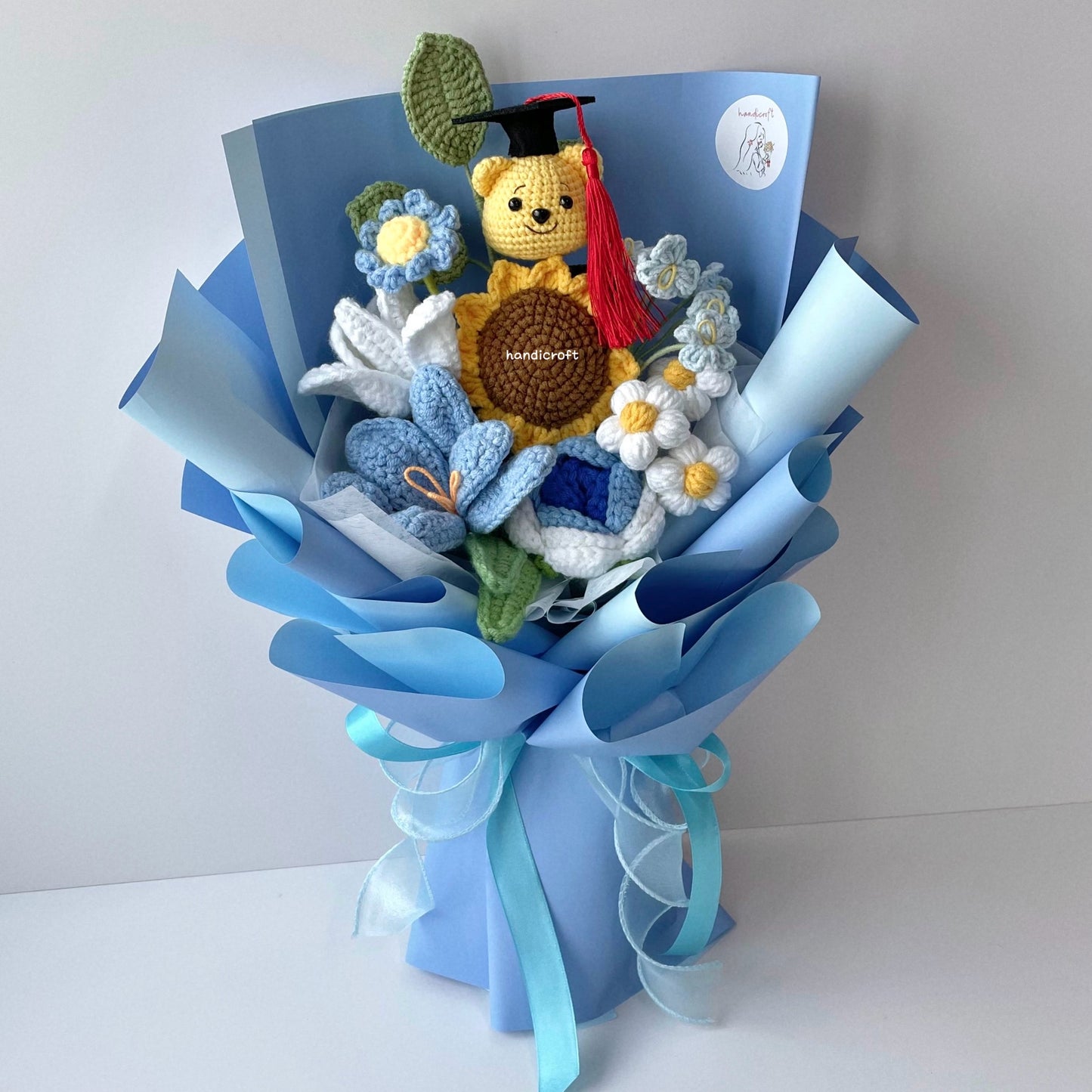 handicroft handmade crochet graduation flower bouquet sunny chapter bear blue