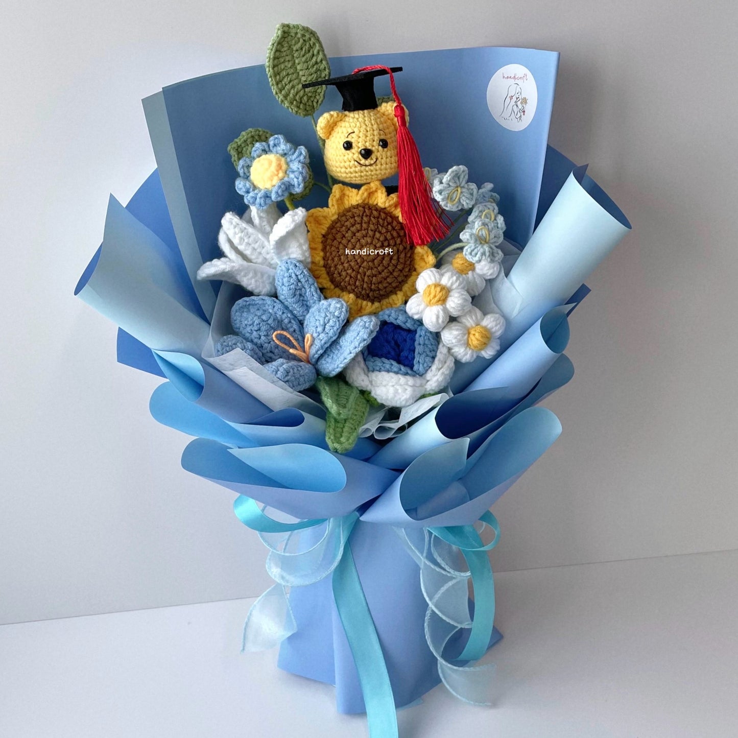 handicroft handmade crochet graduation flower bouquet sunny chapter bear blue