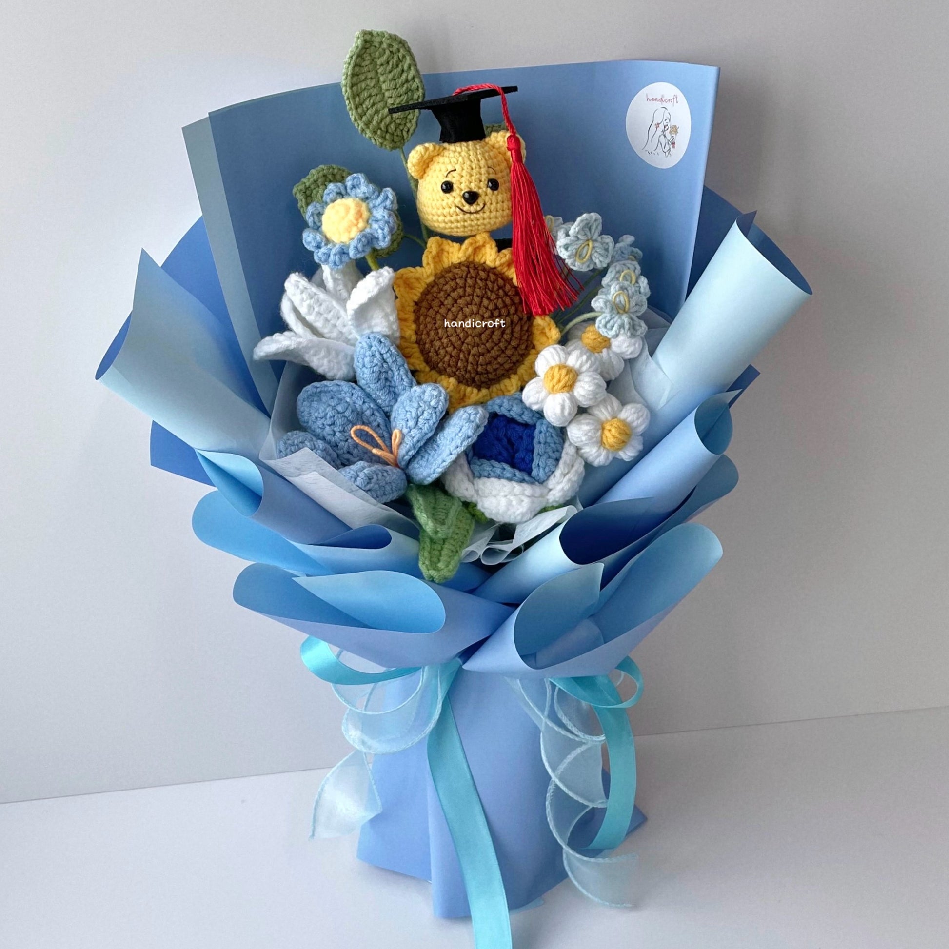 handicroft handmade crochet graduation flower bouquet sunny chapter bear blue