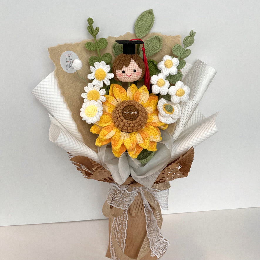 handicroft handmade crochet graduation jumbo sunflower flower bouquet a sunny beginning