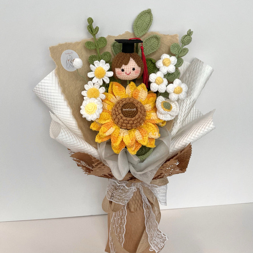 handicroft handmade crochet graduation jumbo sunflower flower bouquet a sunny beginning