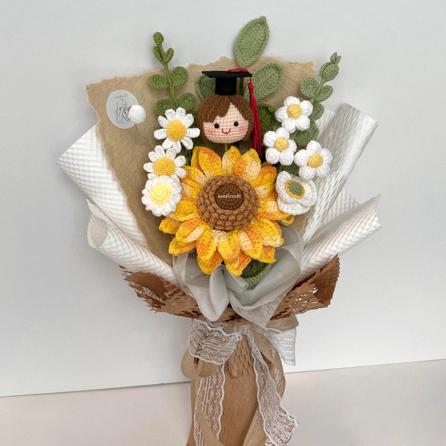 handicroft handmade crochet graduation jumbo sunflower flower bouquet a sunny beginning