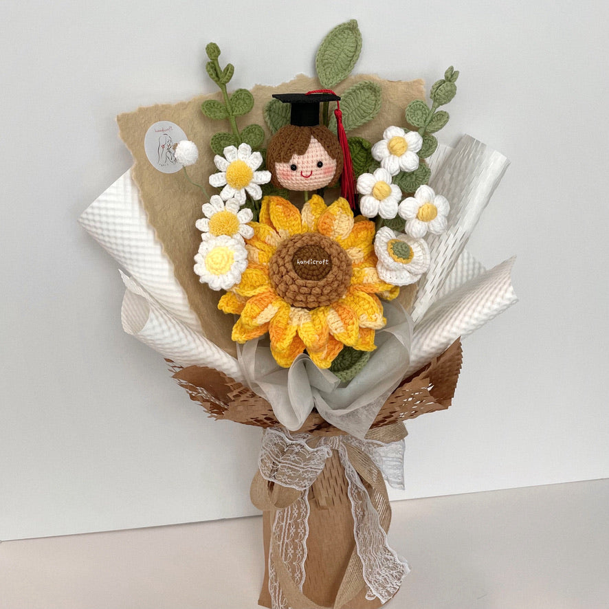 handicroft handmade crochet graduation jumbo sunflower flower bouquet a sunny beginning