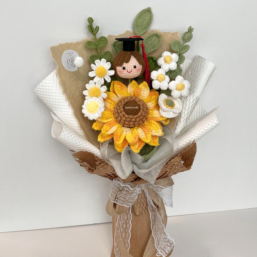 handicroft handmade crochet graduation jumbo sunflower flower bouquet a sunny beginning