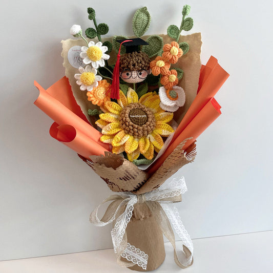 handicroft handmade crochet graduation jumbo sunflower flower bouquet a sunny beginning orange