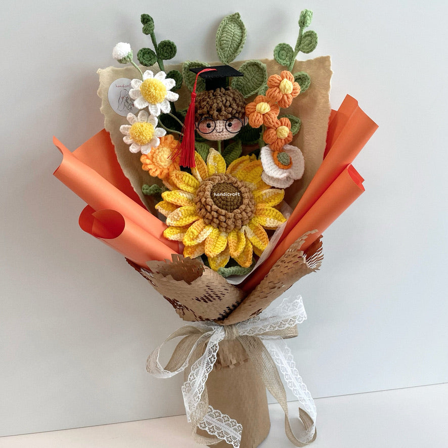 handicroft handmade crochet graduation jumbo sunflower flower bouquet a sunny beginning orange