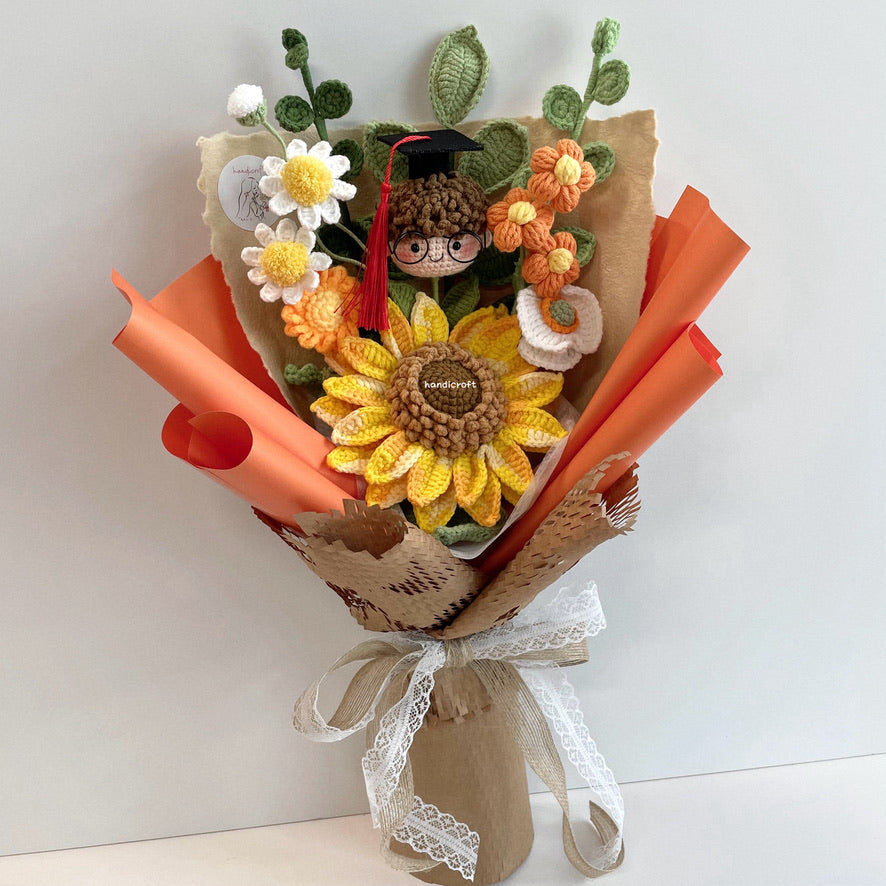 handicroft handmade crochet graduation jumbo sunflower flower bouquet a sunny beginning orange