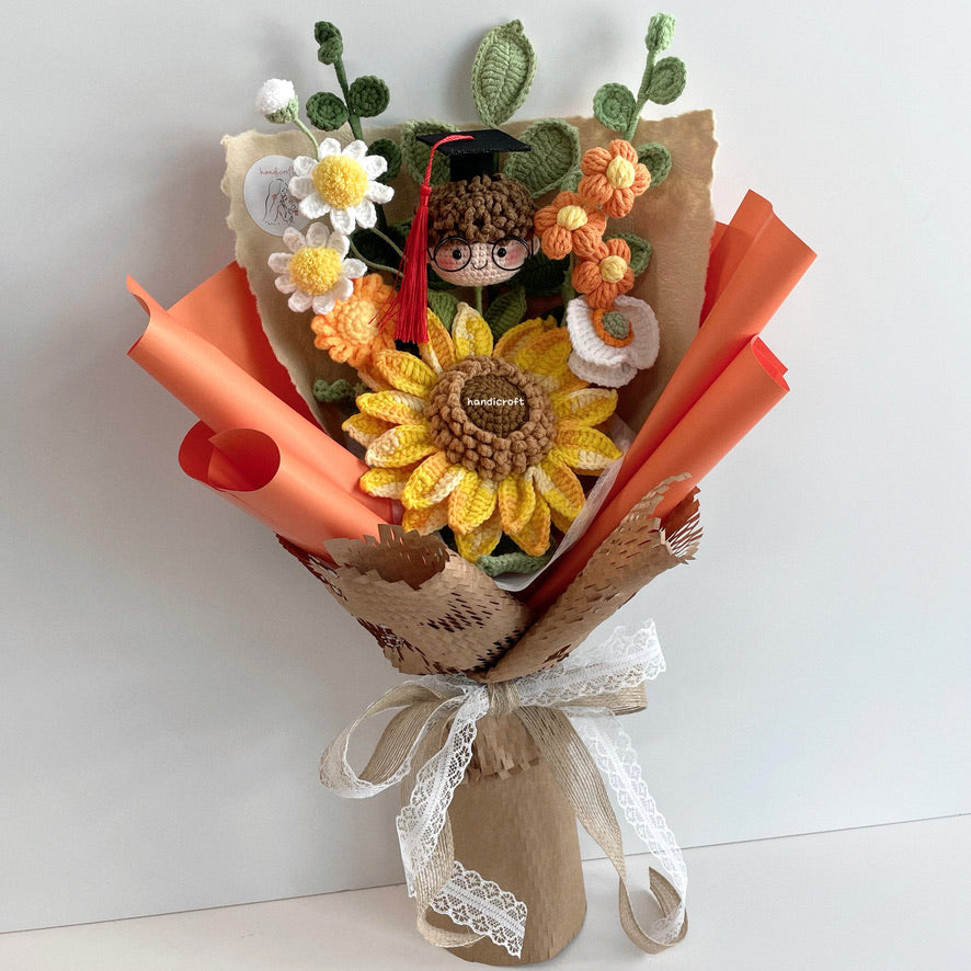 handicroft handmade crochet graduation jumbo sunflower flower bouquet a sunny beginning orange