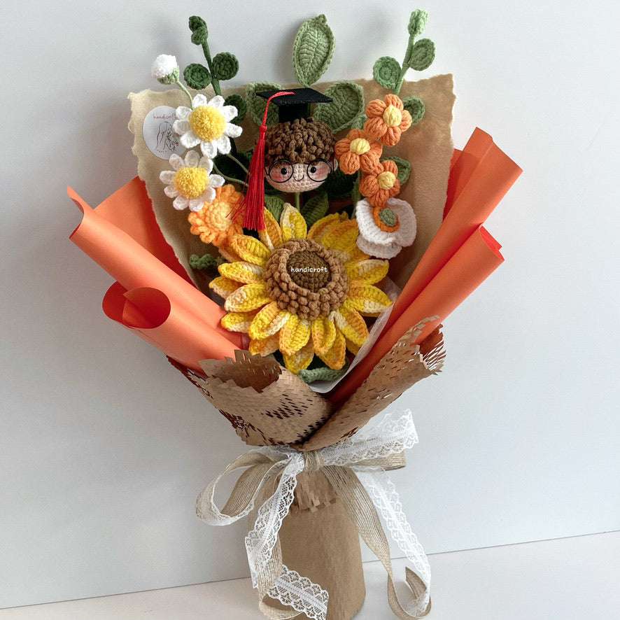 handicroft handmade crochet graduation jumbo sunflower flower bouquet a sunny beginning orange