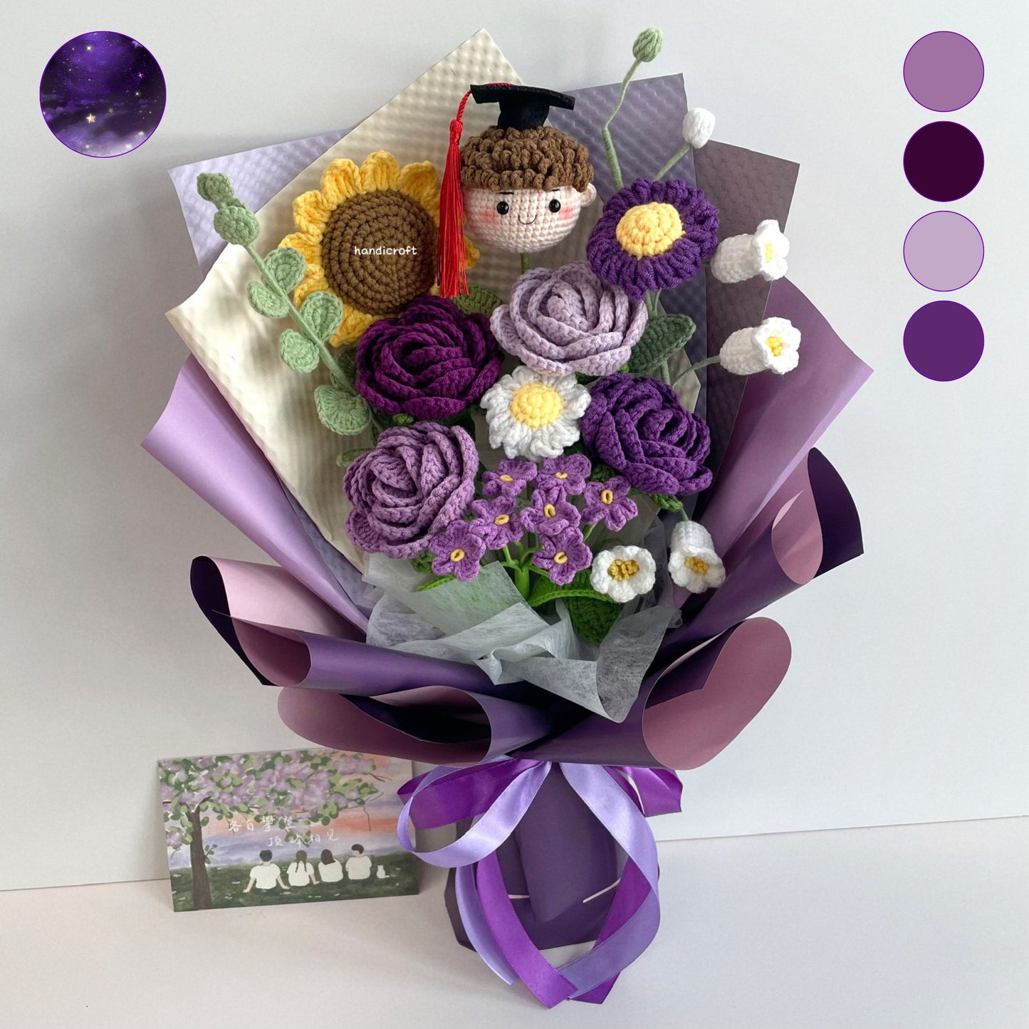 handicroft handmade crochet graduation purple flower bouquet a violet chapter