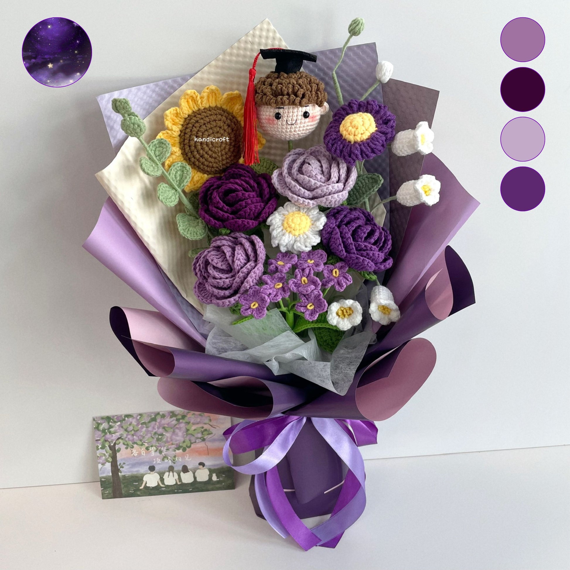 handicroft handmade crochet graduation purple flower bouquet a violet chapter