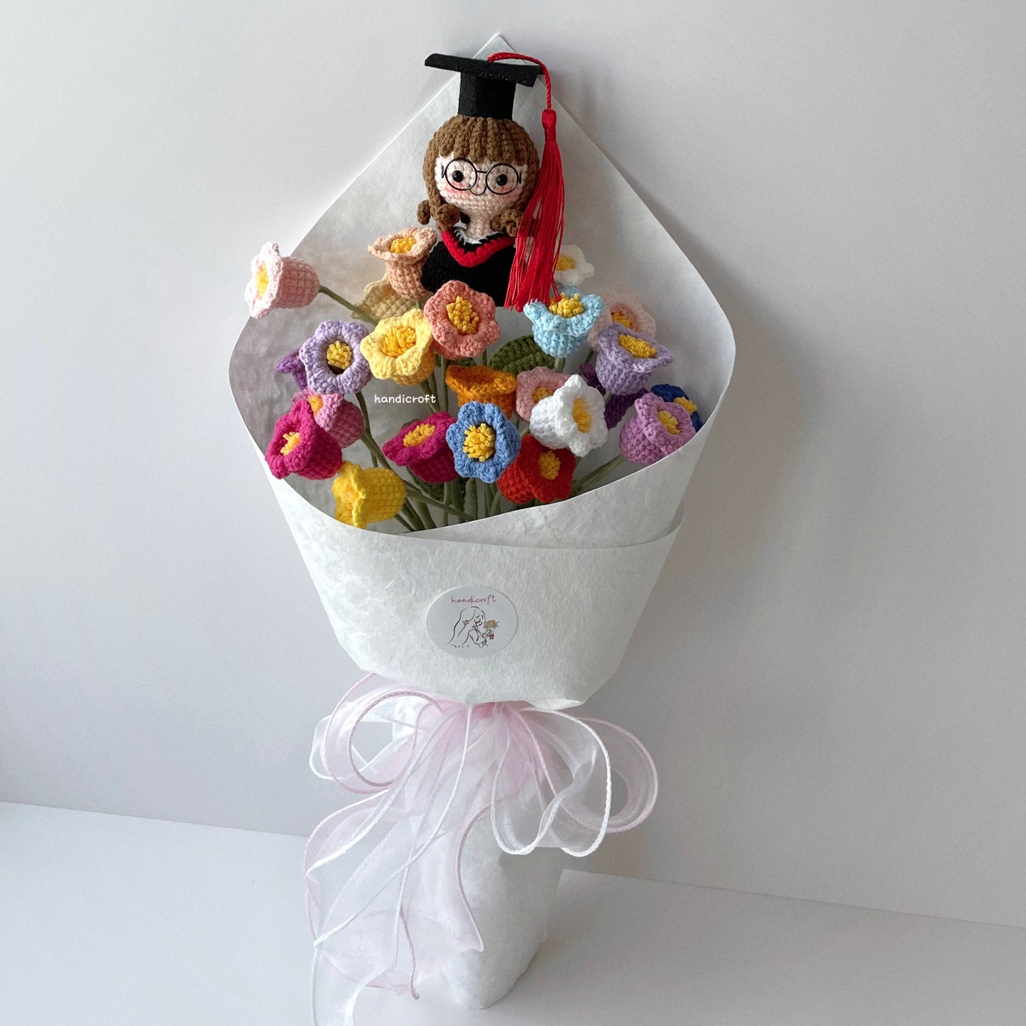 handicroft handmade crochet graduation rainbow lily of the valley flower bouquet valley of dreams