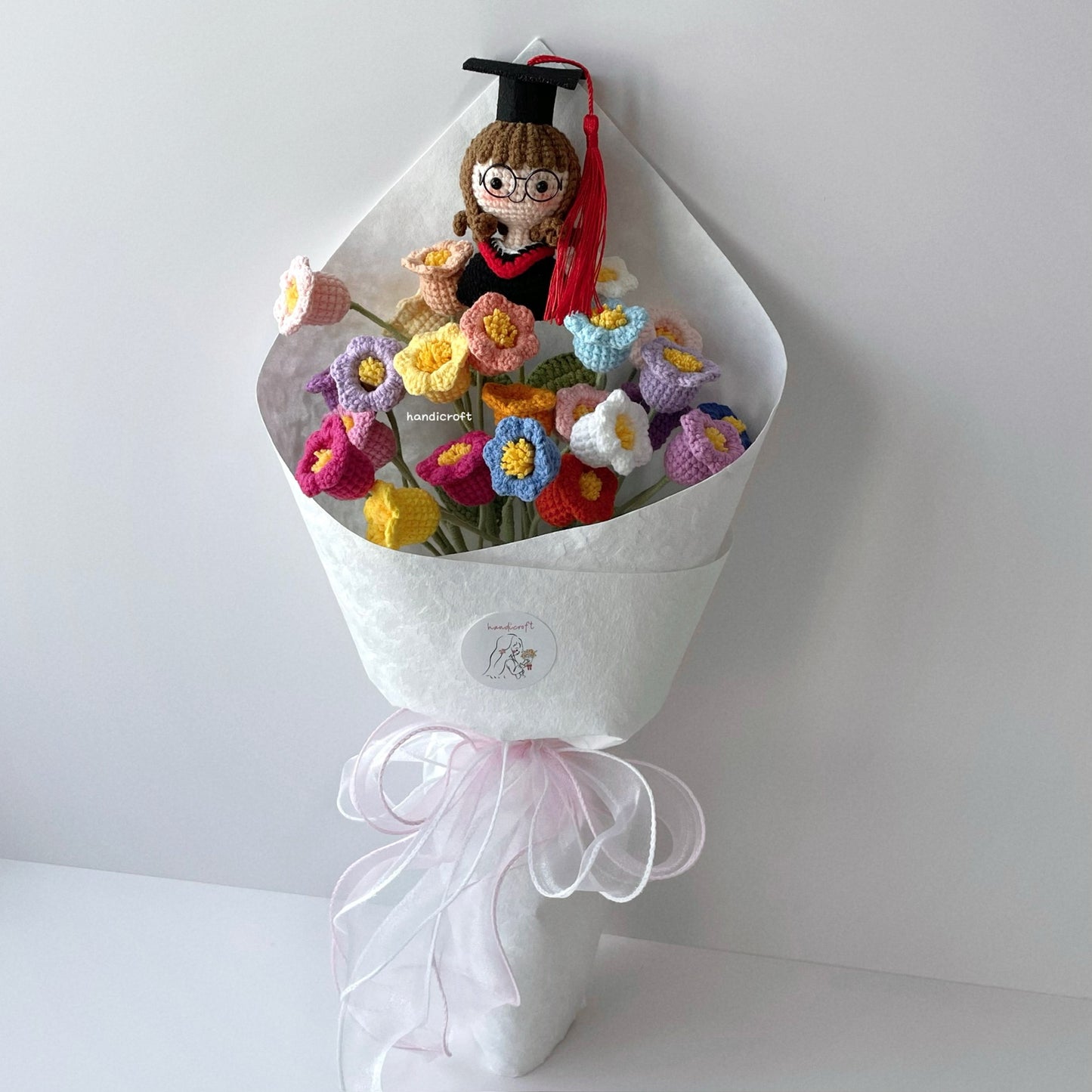 handicroft handmade crochet graduation rainbow lily of the valley flower bouquet valley of dreams