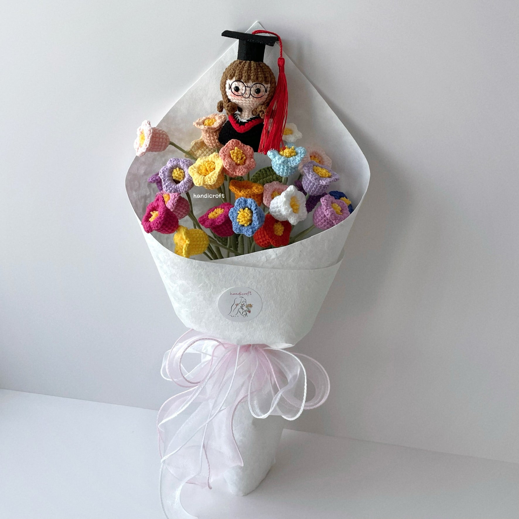 handicroft handmade crochet graduation rainbow lily of the valley flower bouquet valley of dreams