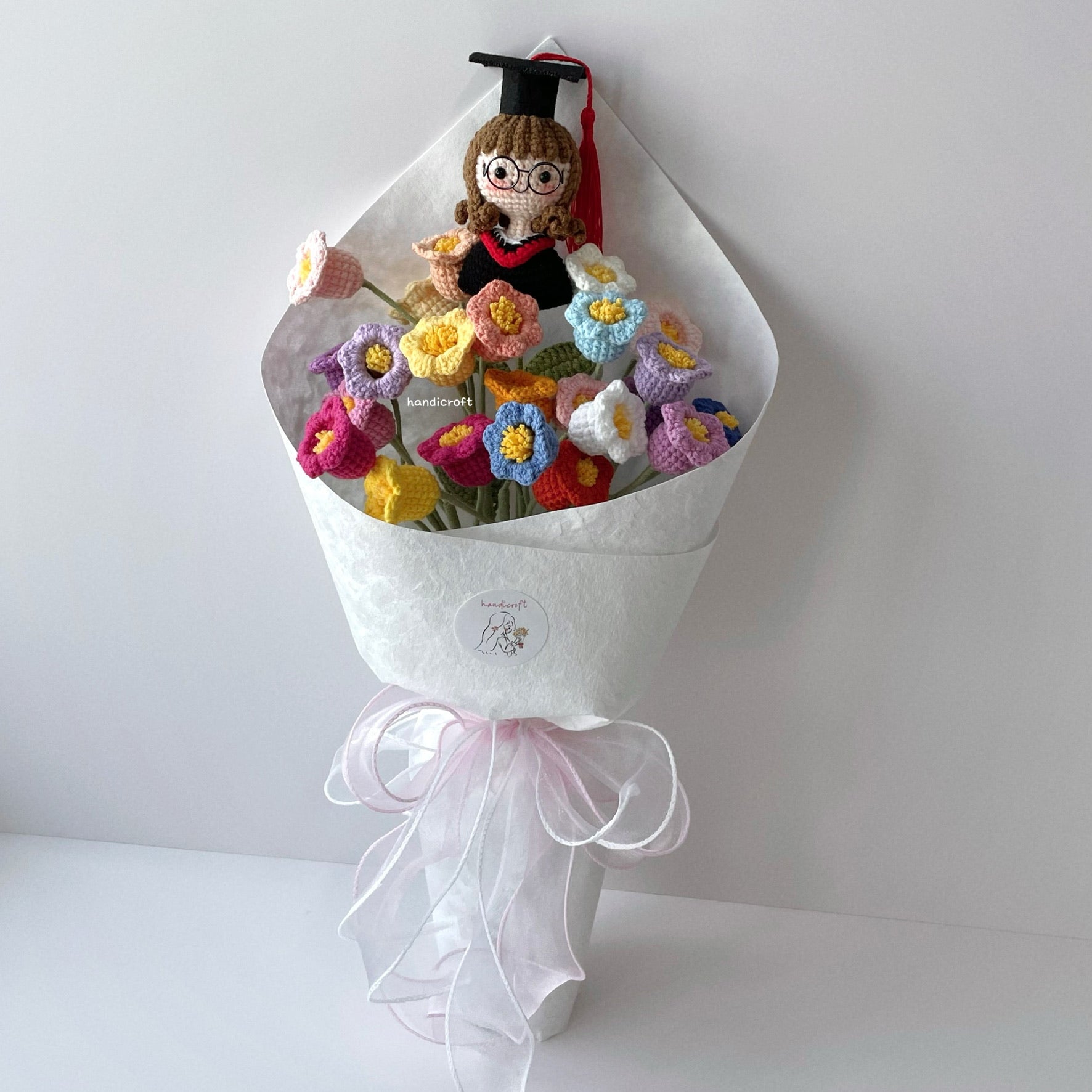 handicroft handmade crochet graduation rainbow lily of the valley flower bouquet valley of dreams