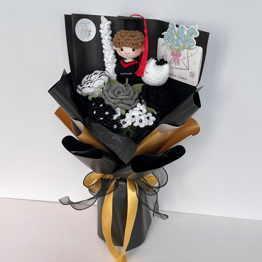 handicroft handmade crochet graduation special black & white monochrome flower bouquet shadow & shine