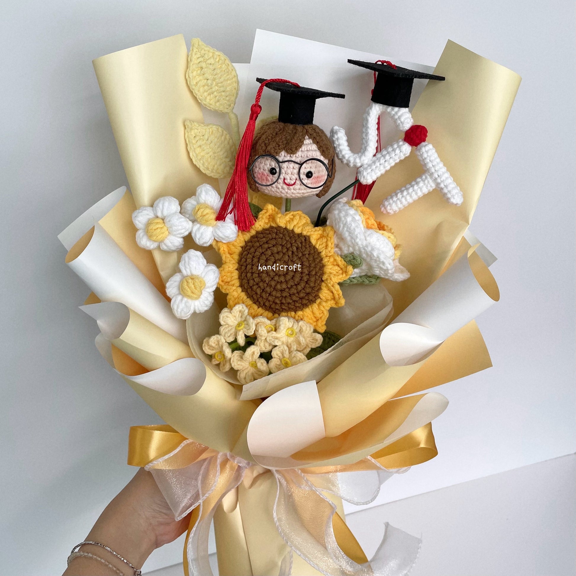 handicroft handmade crochet graduation special flower bouquet SIT special blooms yellow colour theme girl graduate doll