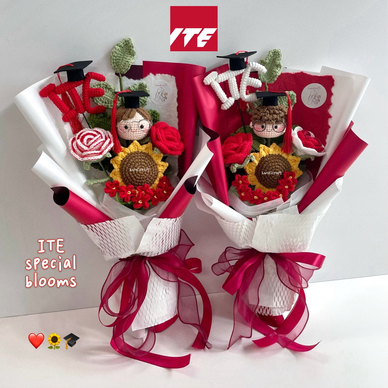 handicroft handmade crochet graduation special flower bouquet Singapore Institute of Technical Education ITE special blooms 2 colour themes