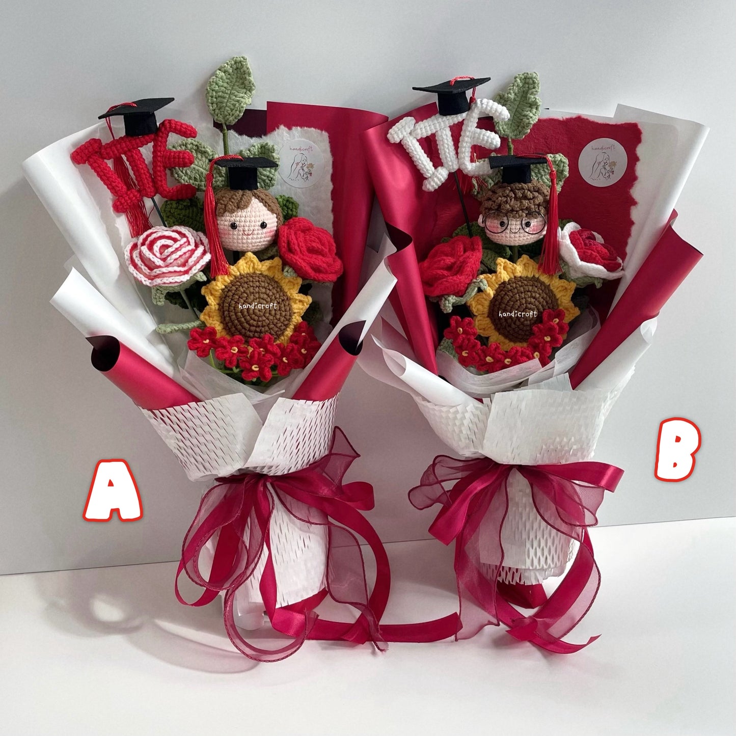 handicroft handmade crochet graduation special flower bouquet Singapore Institute of Technical Education ITE special blooms 2 colour themes