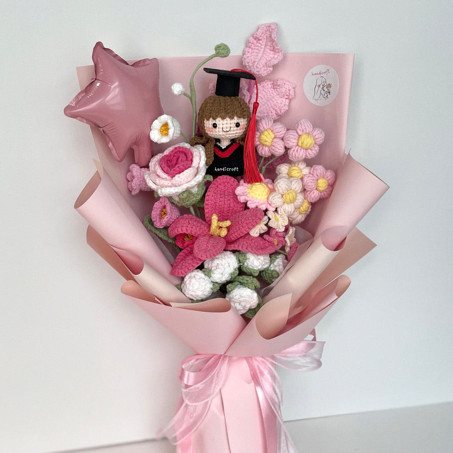 handicroft handmade crochet graduation special flower bouquet dreamie moments pink girl