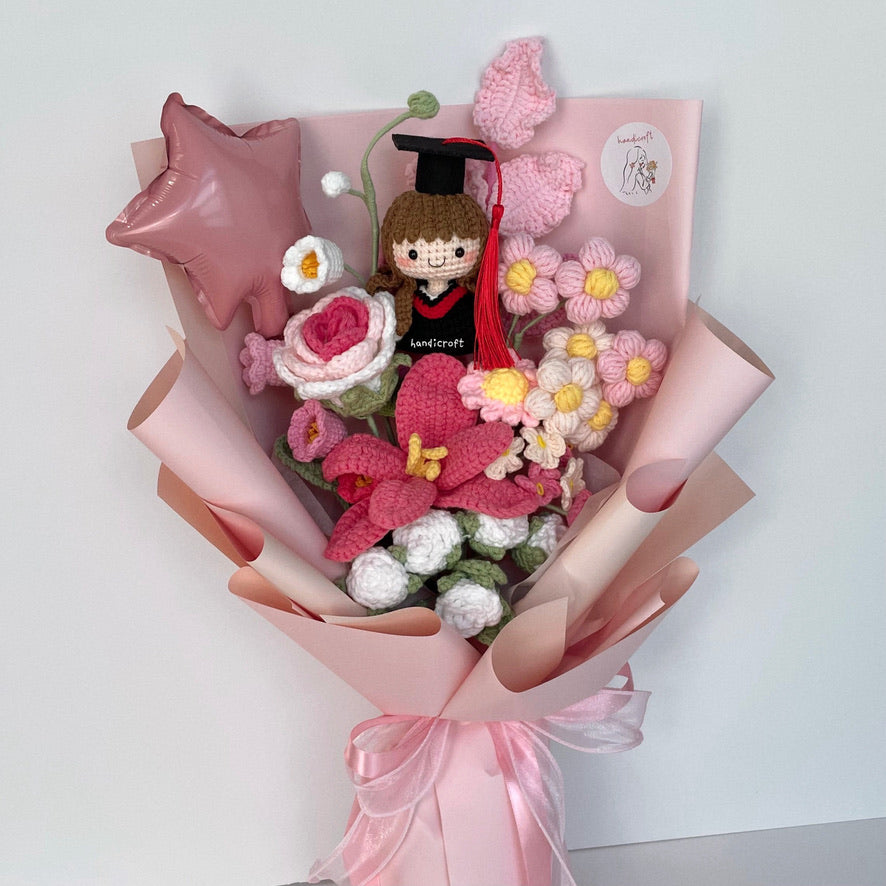 handicroft handmade crochet graduation special flower bouquet dreamie moments pink girl