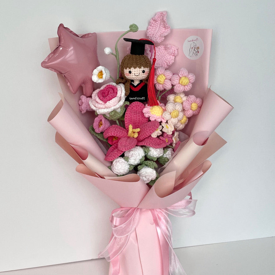handicroft handmade crochet graduation special flower bouquet dreamie moments pink girl