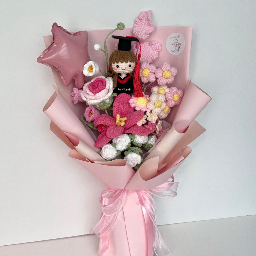 handicroft handmade crochet graduation special flower bouquet dreamie moments pink girl