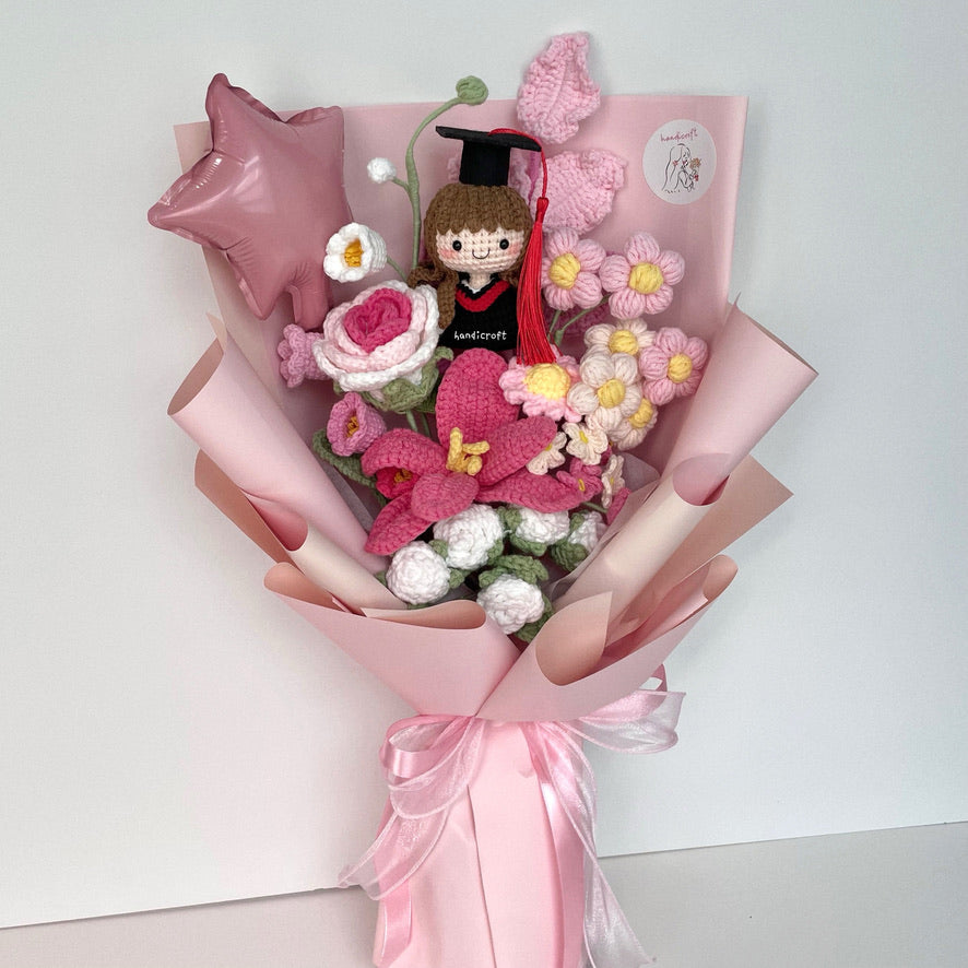 handicroft handmade crochet graduation special flower bouquet dreamie moments pink girl