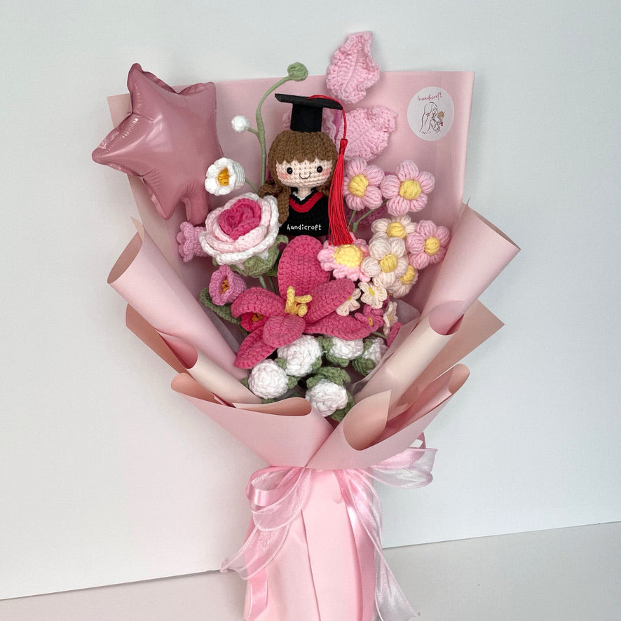 handicroft handmade crochet graduation special flower bouquet dreamie moments pink girl