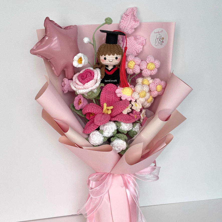 handicroft handmade crochet graduation special flower bouquet dreamie moments pink girl