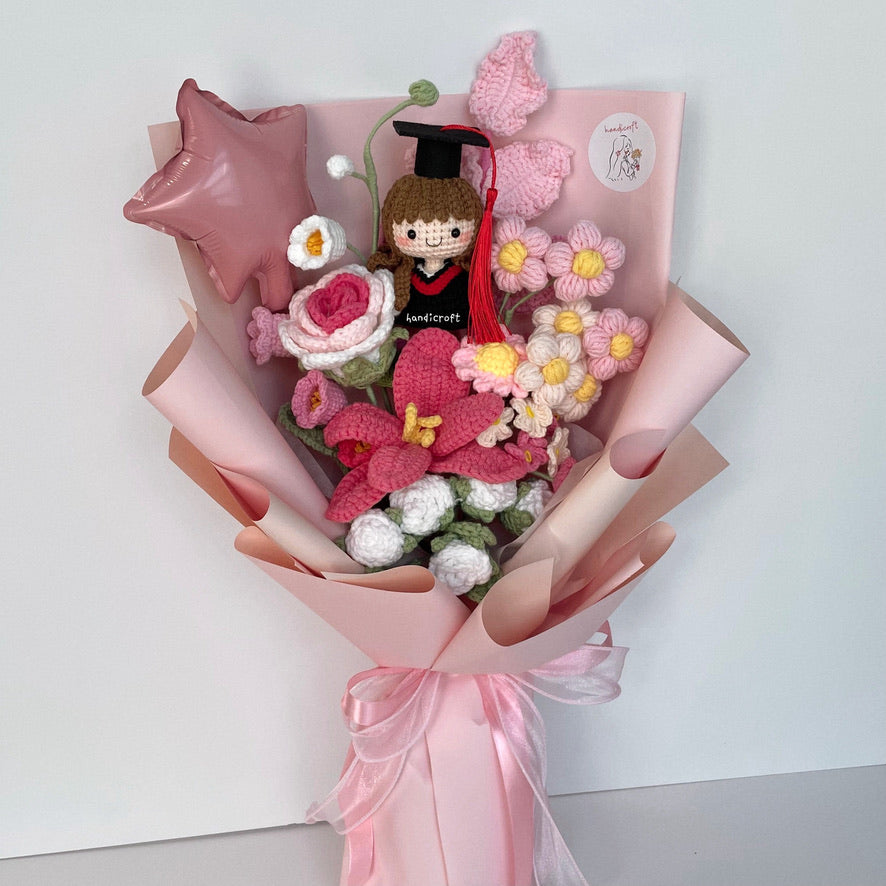 handicroft handmade crochet graduation special flower bouquet dreamie moments pink girl