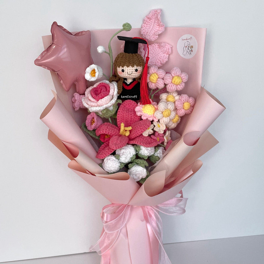 handicroft handmade crochet graduation special flower bouquet dreamie moments pink girl