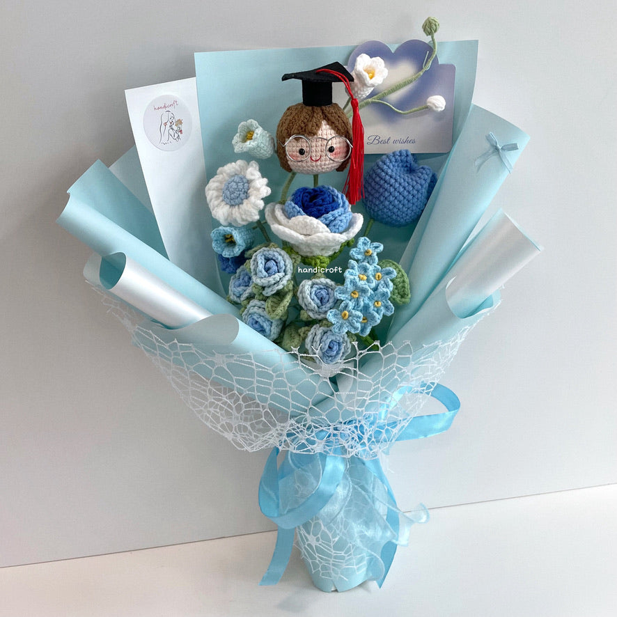 handicroft handmade crochet graduation special flower bouquet sweetie scholar blue girl