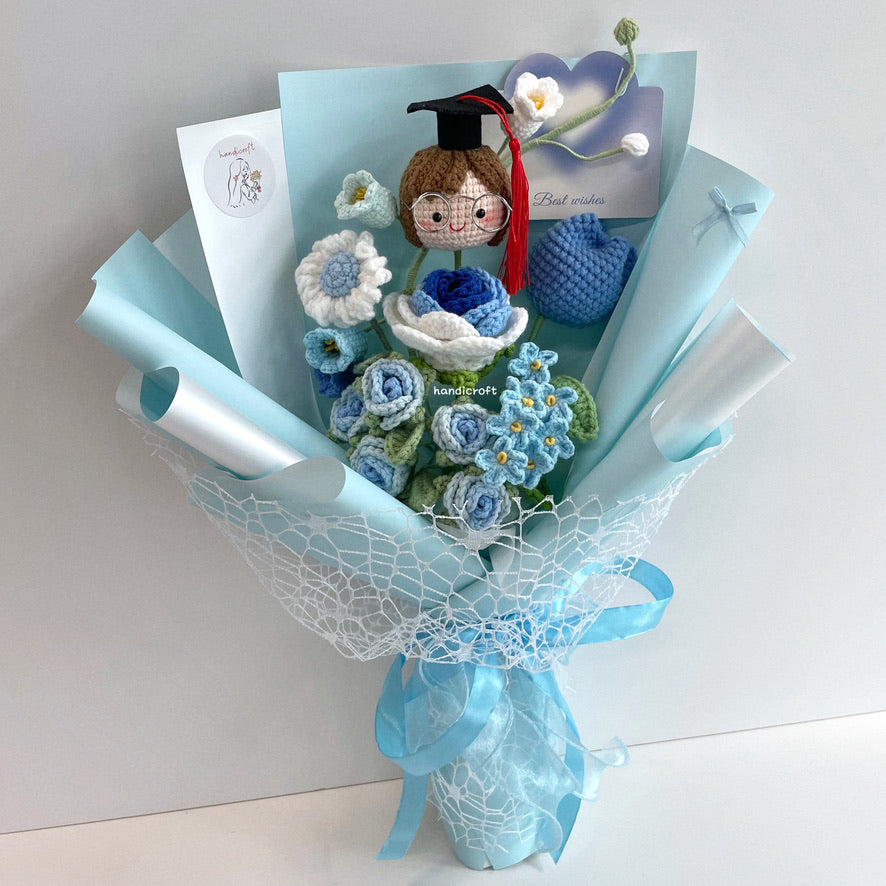 handicroft handmade crochet graduation special flower bouquet sweetie scholar blue girl