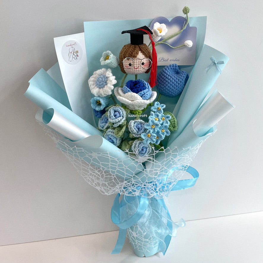 handicroft handmade crochet graduation special flower bouquet sweetie scholar blue girl