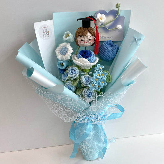 handicroft handmade crochet graduation special flower bouquet sweetie scholar blue girl