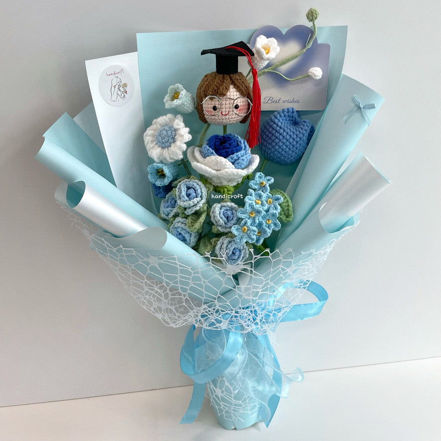 handicroft handmade crochet graduation special flower bouquet sweetie scholar blue girl