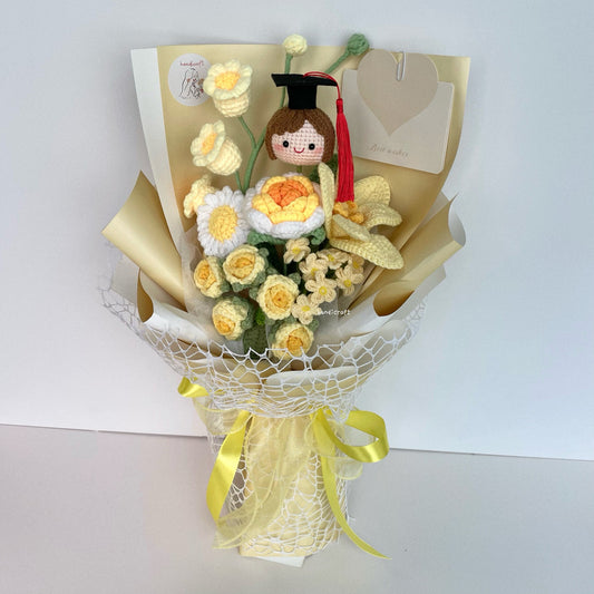 handicroft handmade crochet graduation special flower bouquet sweetie scholar yellow girl
