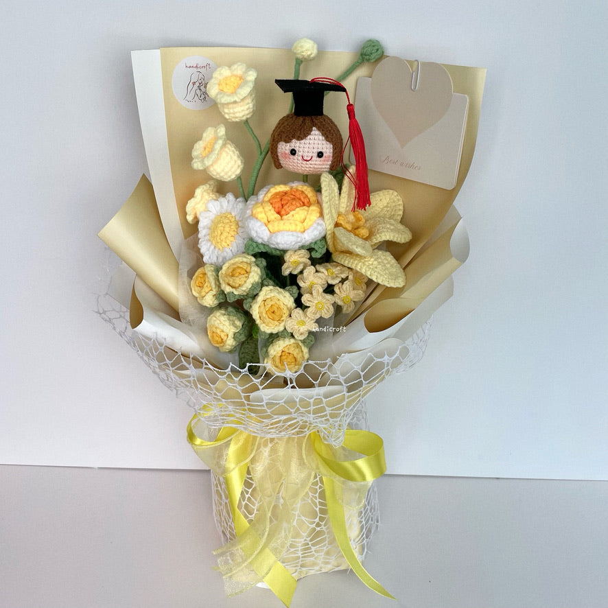 handicroft handmade crochet graduation special flower bouquet sweetie scholar yellow girl