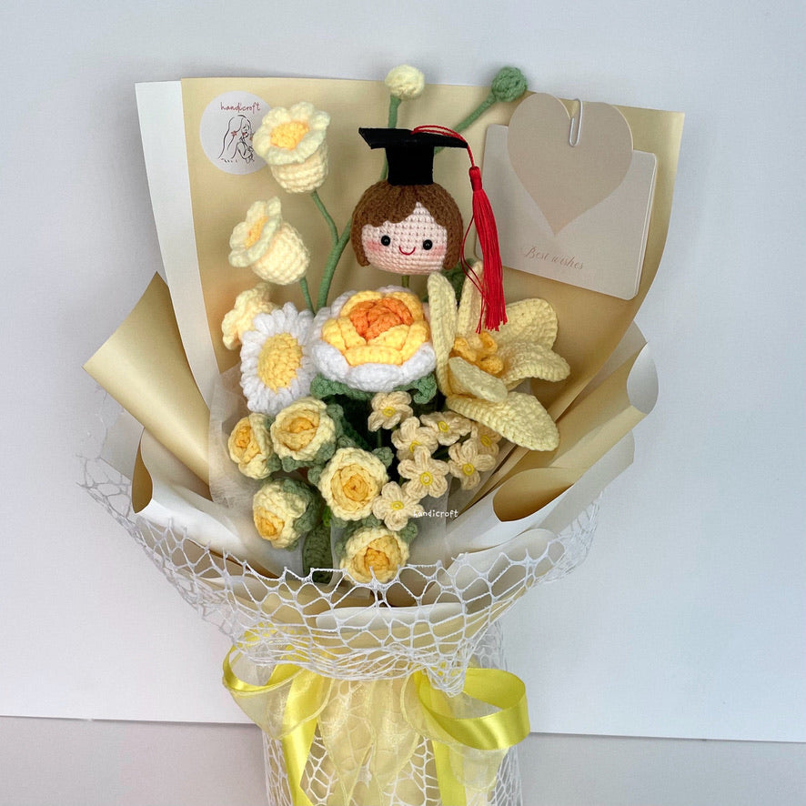 handicroft handmade crochet graduation special flower bouquet sweetie scholar yellow girl