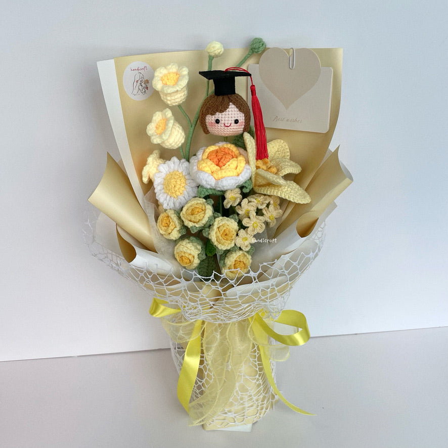 handicroft handmade crochet graduation special flower bouquet sweetie scholar yellow girl