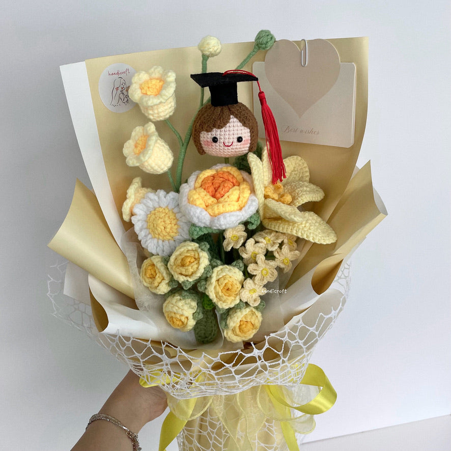 handicroft handmade crochet graduation special flower bouquet sweetie scholar yellow girl
