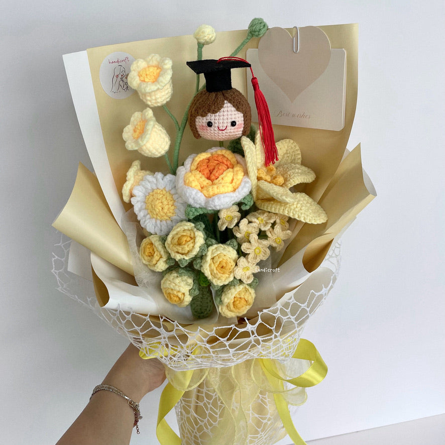 handicroft handmade crochet graduation special flower bouquet sweetie scholar yellow girl