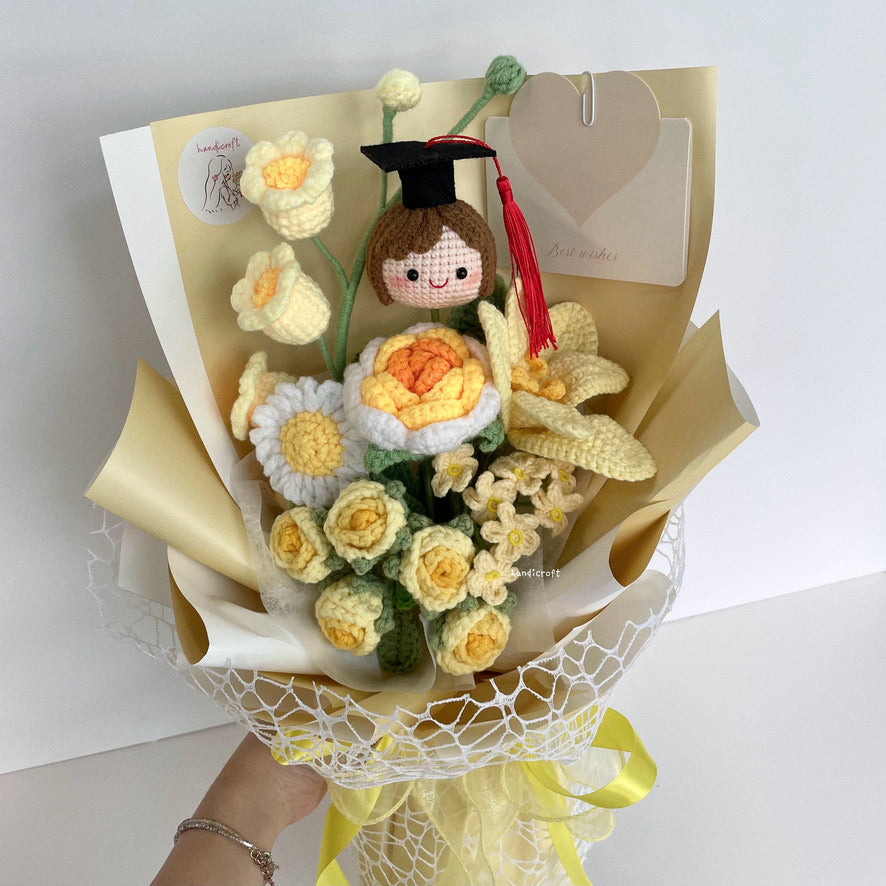 handicroft handmade crochet graduation special flower bouquet sweetie scholar yellow girl
