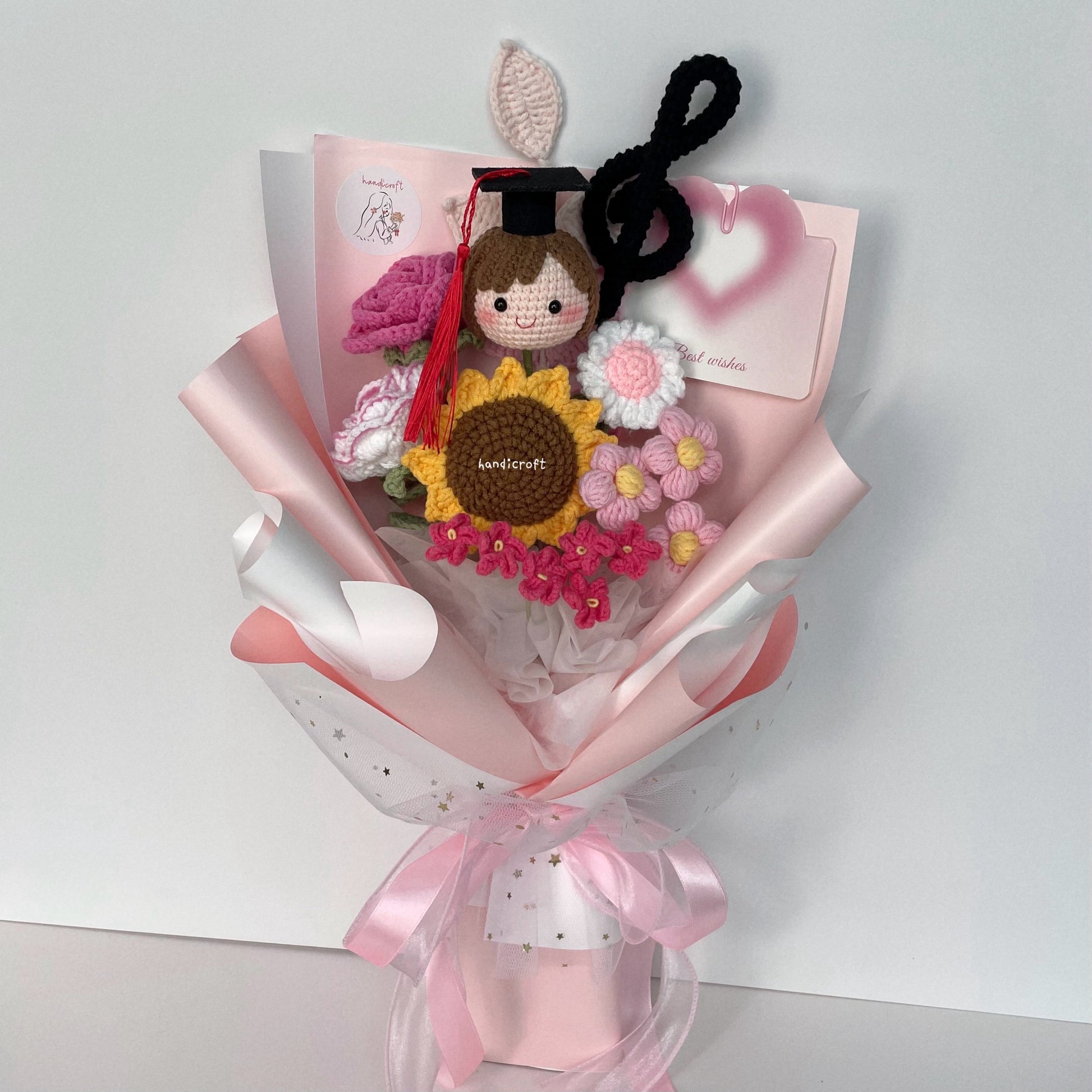 handicroft handmade crochet graduation special flower bouquet symphony of success girl graduate in pink