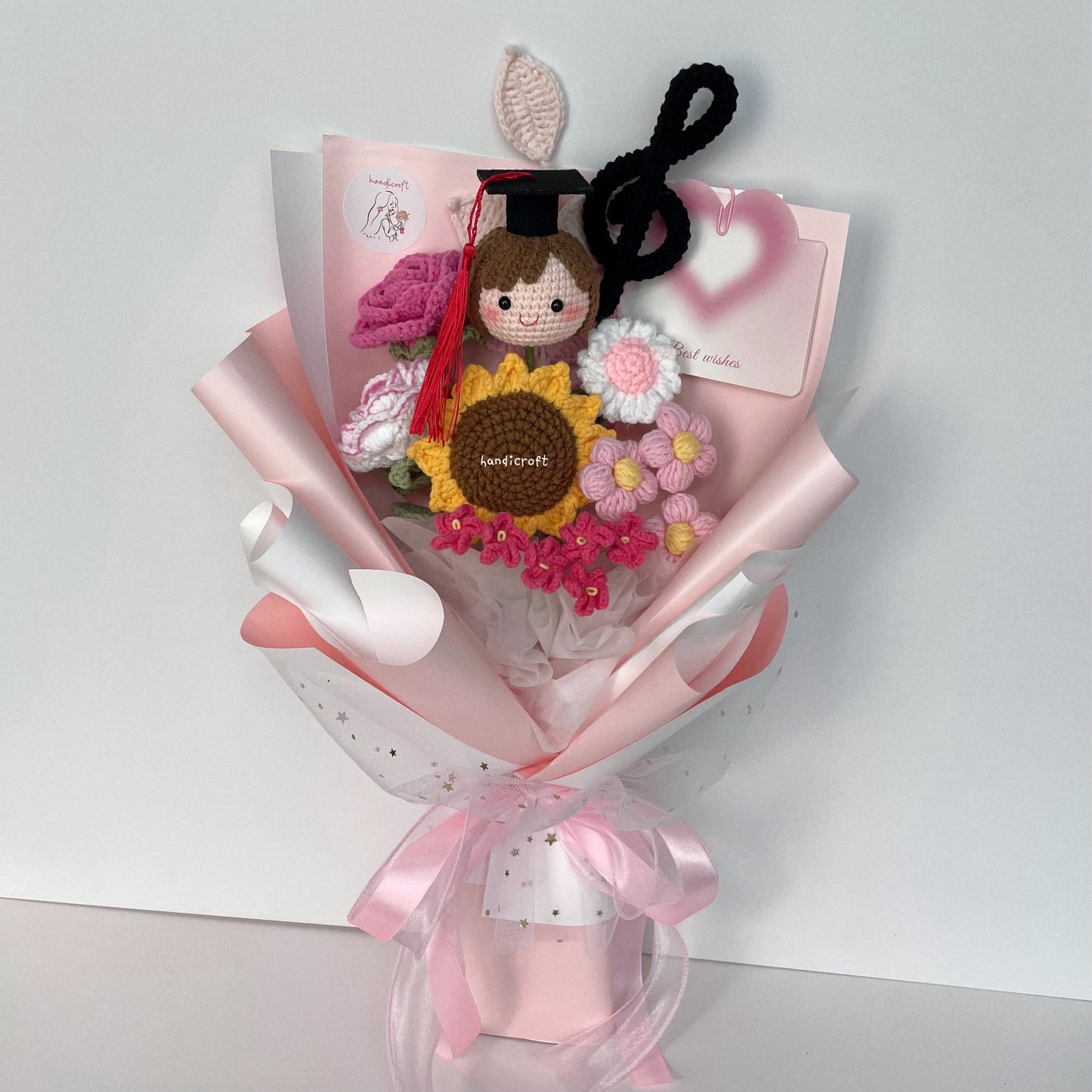 handicroft handmade crochet graduation special flower bouquet symphony of success girl graduate in pink