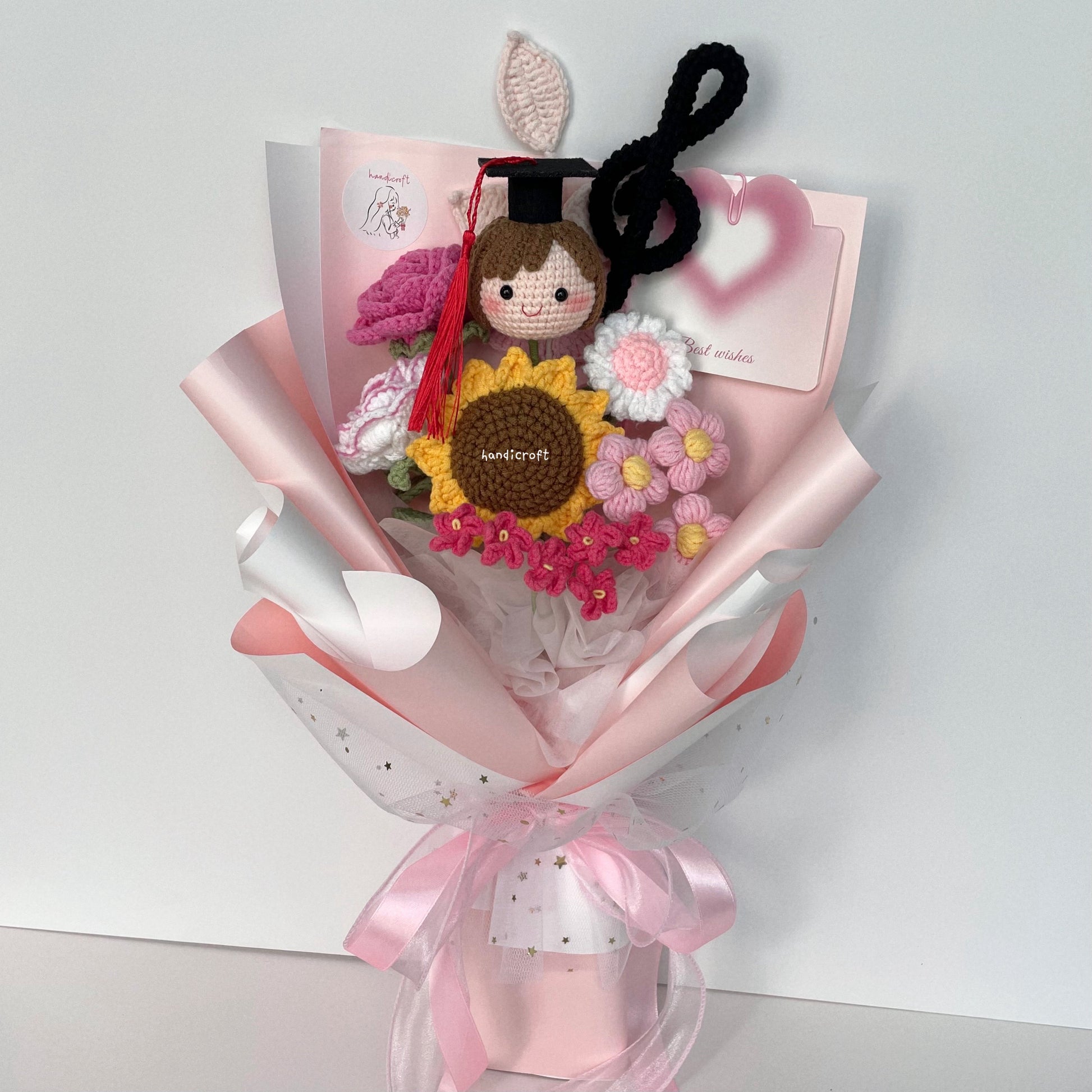 handicroft handmade crochet graduation special flower bouquet symphony of success girl graduate in pink