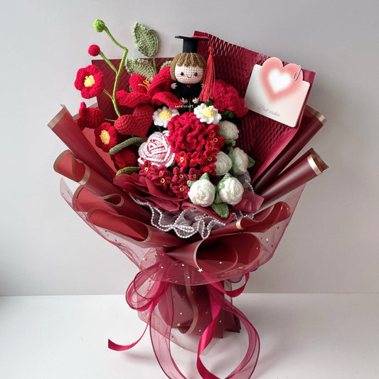 handicroft handmade crochet graduation special red flower bouquet no red-grads