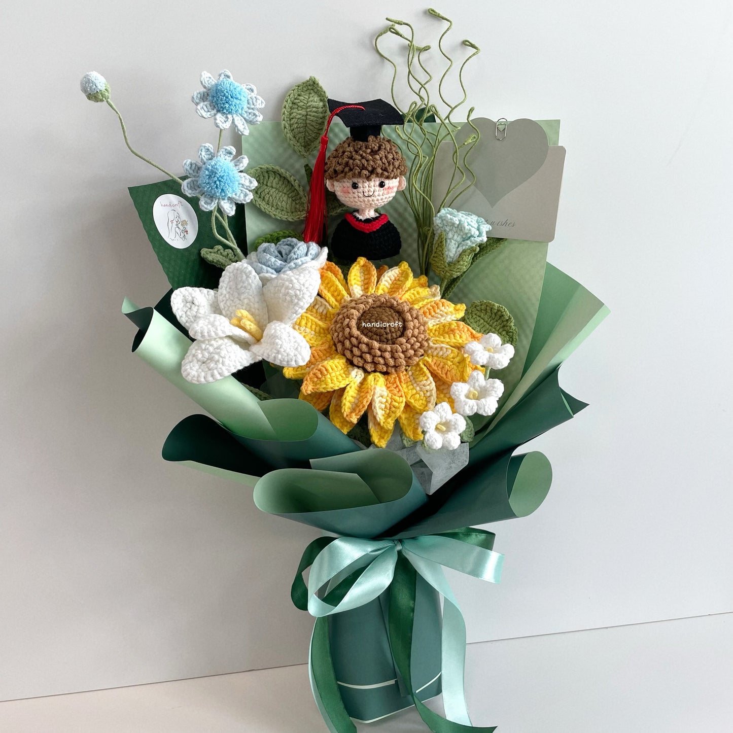 handicroft handmade crochet green graduation flower bouquet roots to horizons